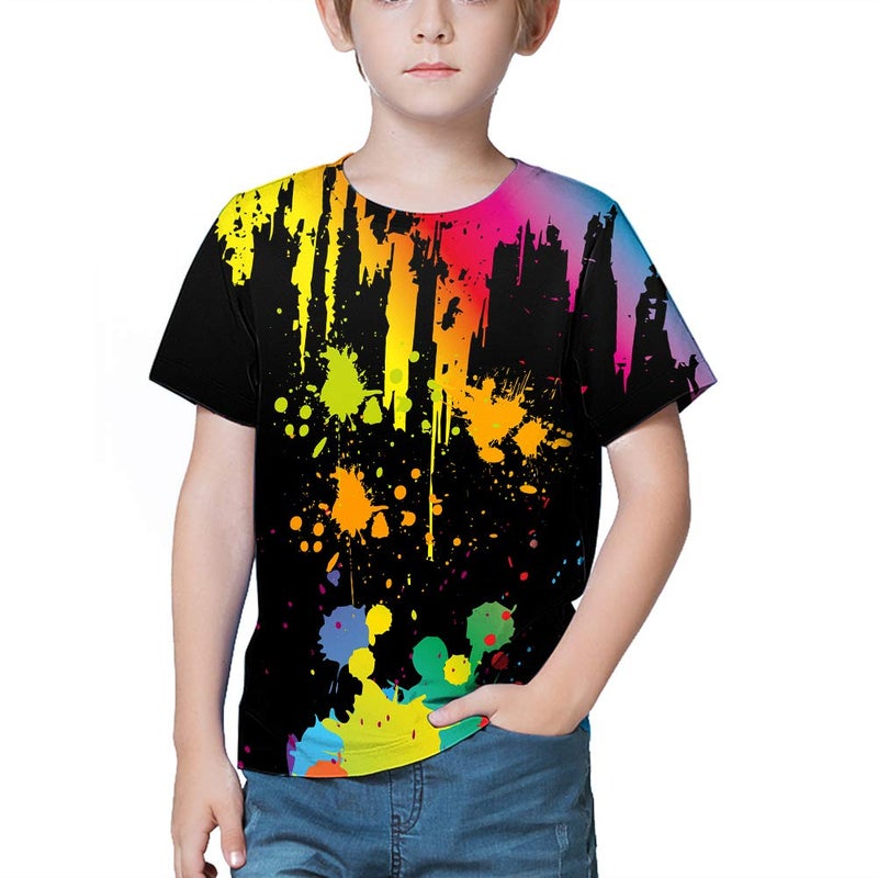 LAIDIPAS Neon T-Shirts for Kids Boys Novelty T-Shirts Colorful Paint Black Shirts 3D Graphic Youth Tops Clothes 8-10 Years - Image 2